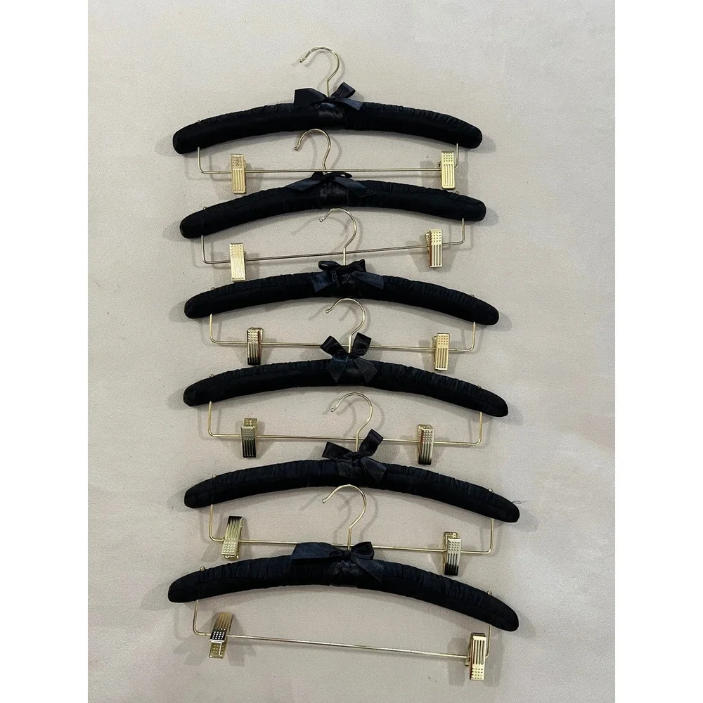 Set of 6 Black Satin Padded Hangers with Gold Clips and Bow Detail